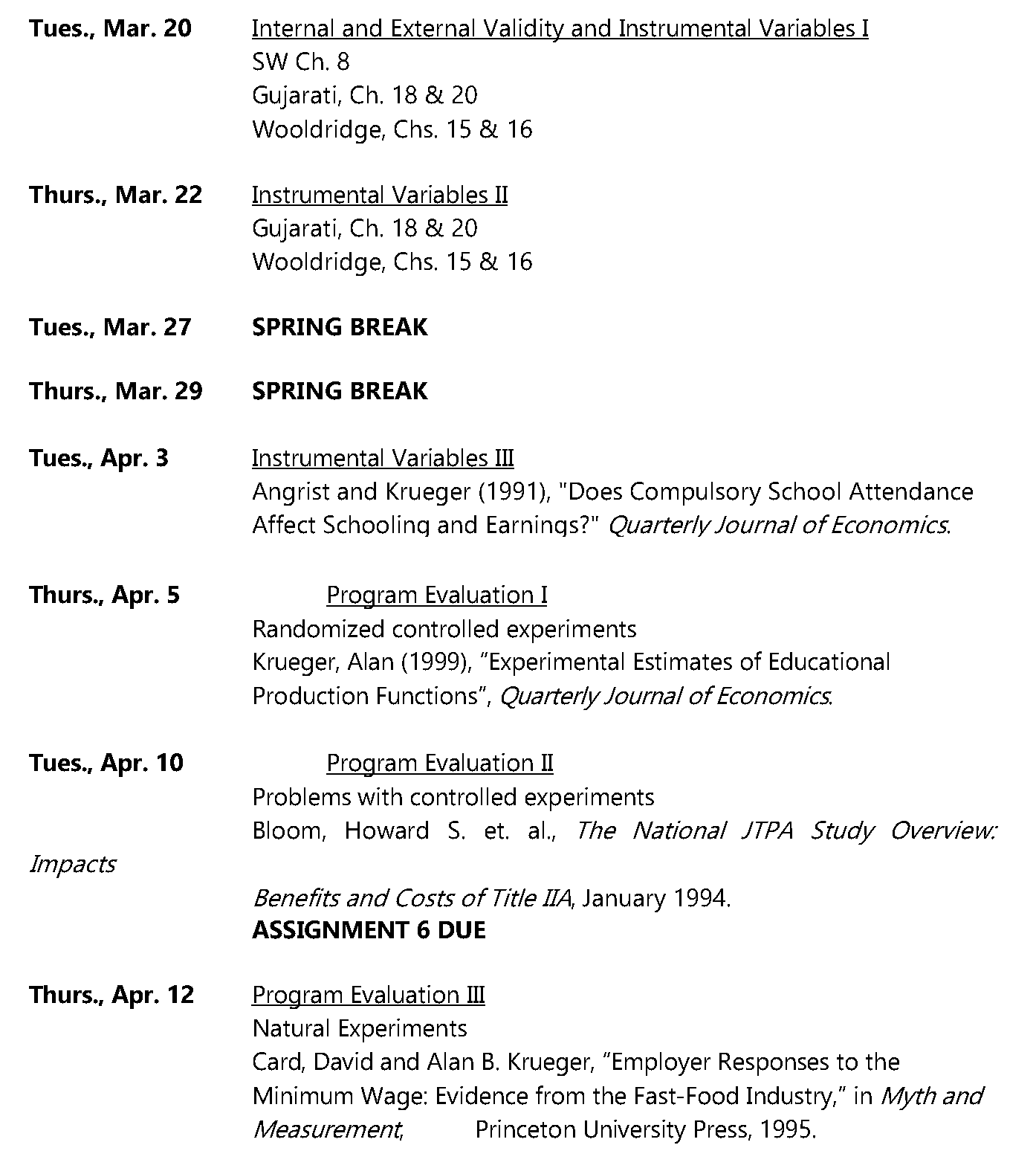 API 202 schedule, spring 2001: instrumental variables followed by program evaluation, with Angrist and Krueger, Krueger, and Card and Krueger