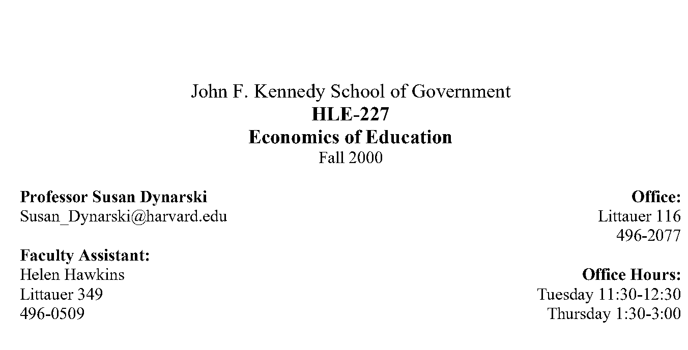 Title block of the HLE 227 Economics of Education syllabus, Harvard Kennedy School, Fall 2000