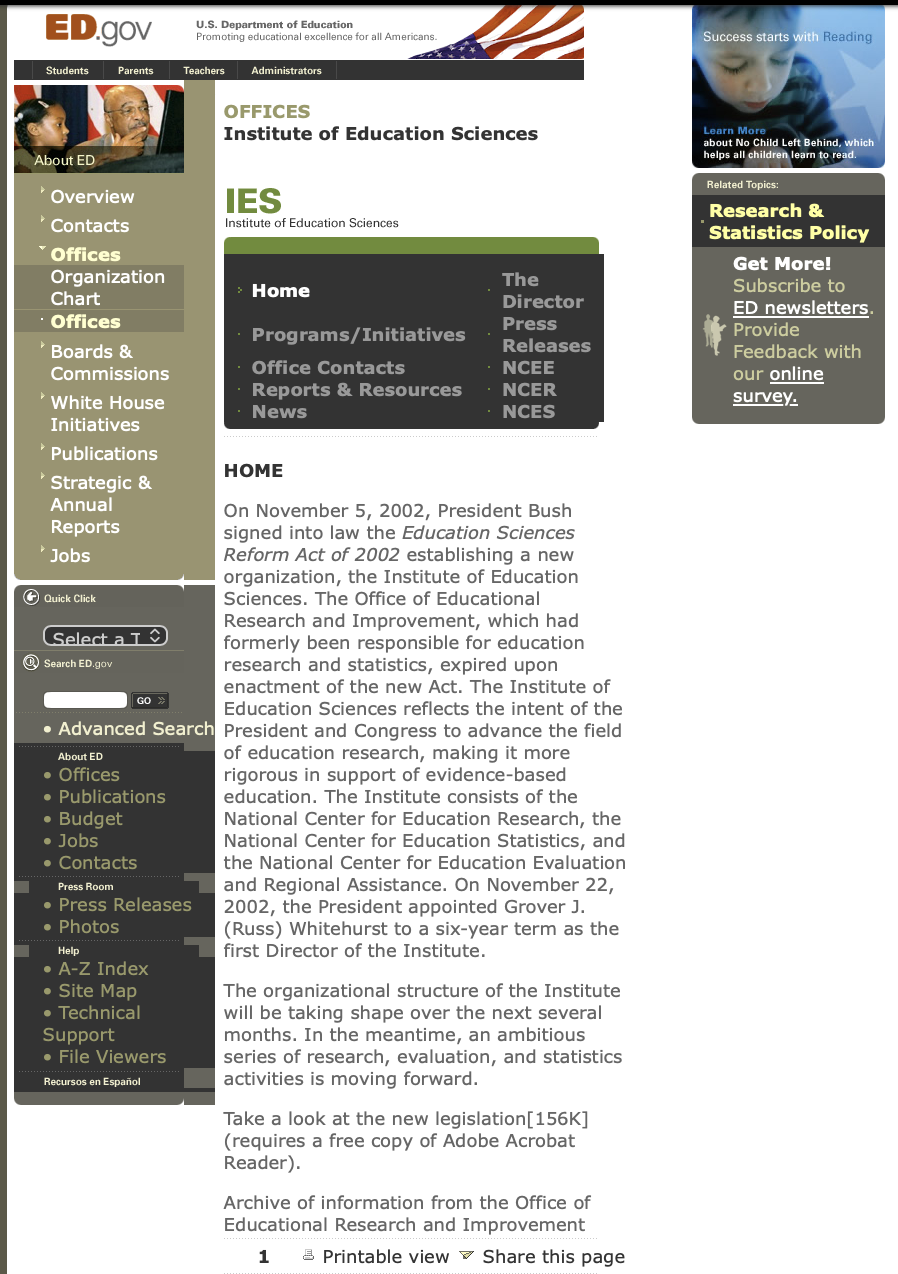 Archived U.S. Department of Education page from 2003 introducing the Institute of Education Sciences, established by the Education Sciences Reform Act of 2002
