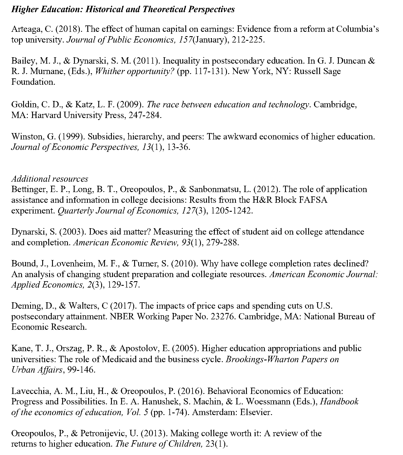 S803 higher education readings, historical and theoretical perspectives, 2025