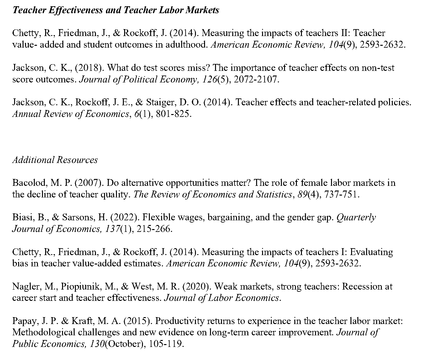 S803 teacher effectiveness and teacher labor markets readings, 2025
