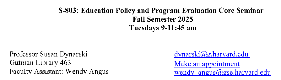 Title block of the S803 Education Policy and Program Evaluation Core Seminar syllabus, Harvard Graduate School of Education, Fall 2025